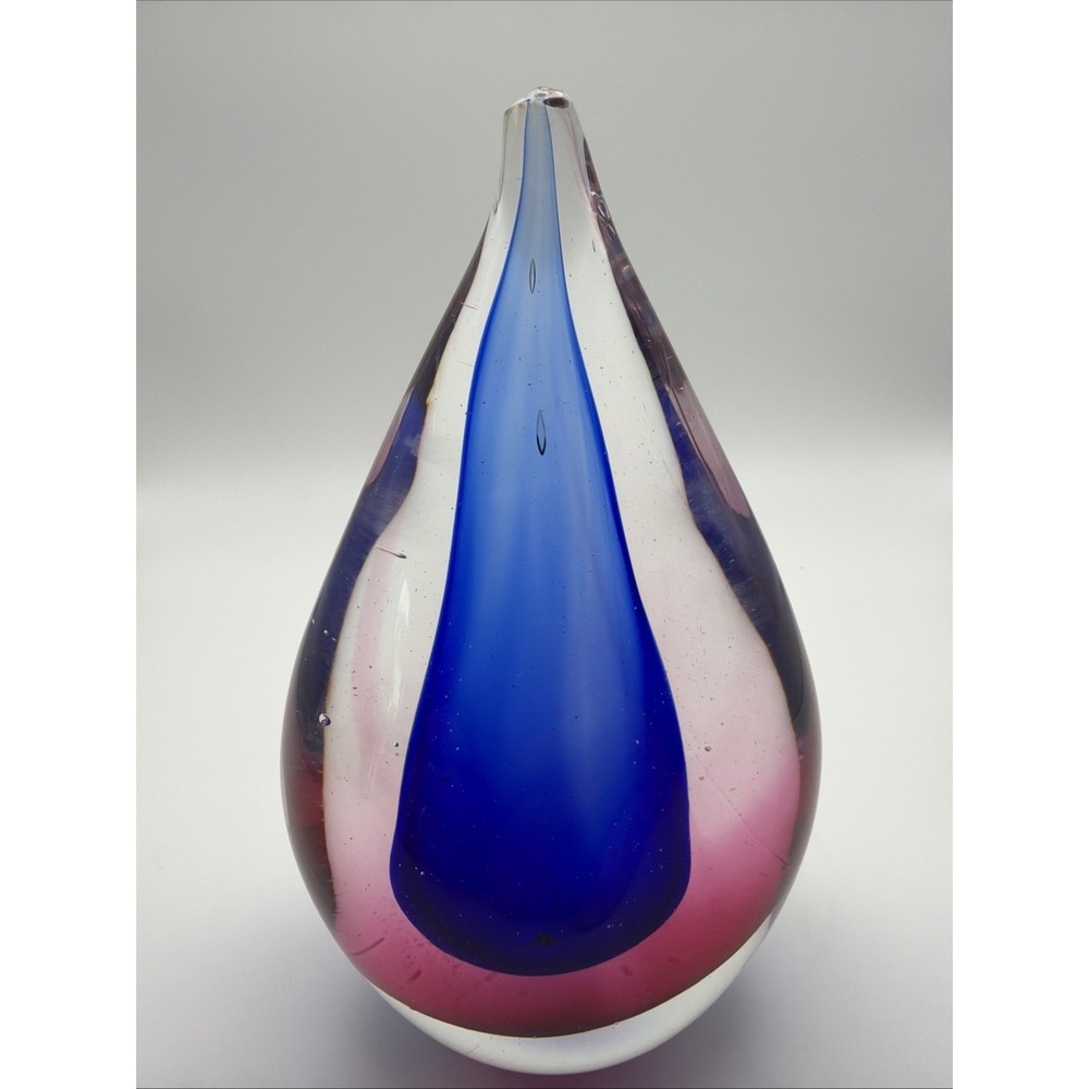 Sommerso Teardrop Hand Blown Art Glass Sculpture 7" Magenta & Blue.